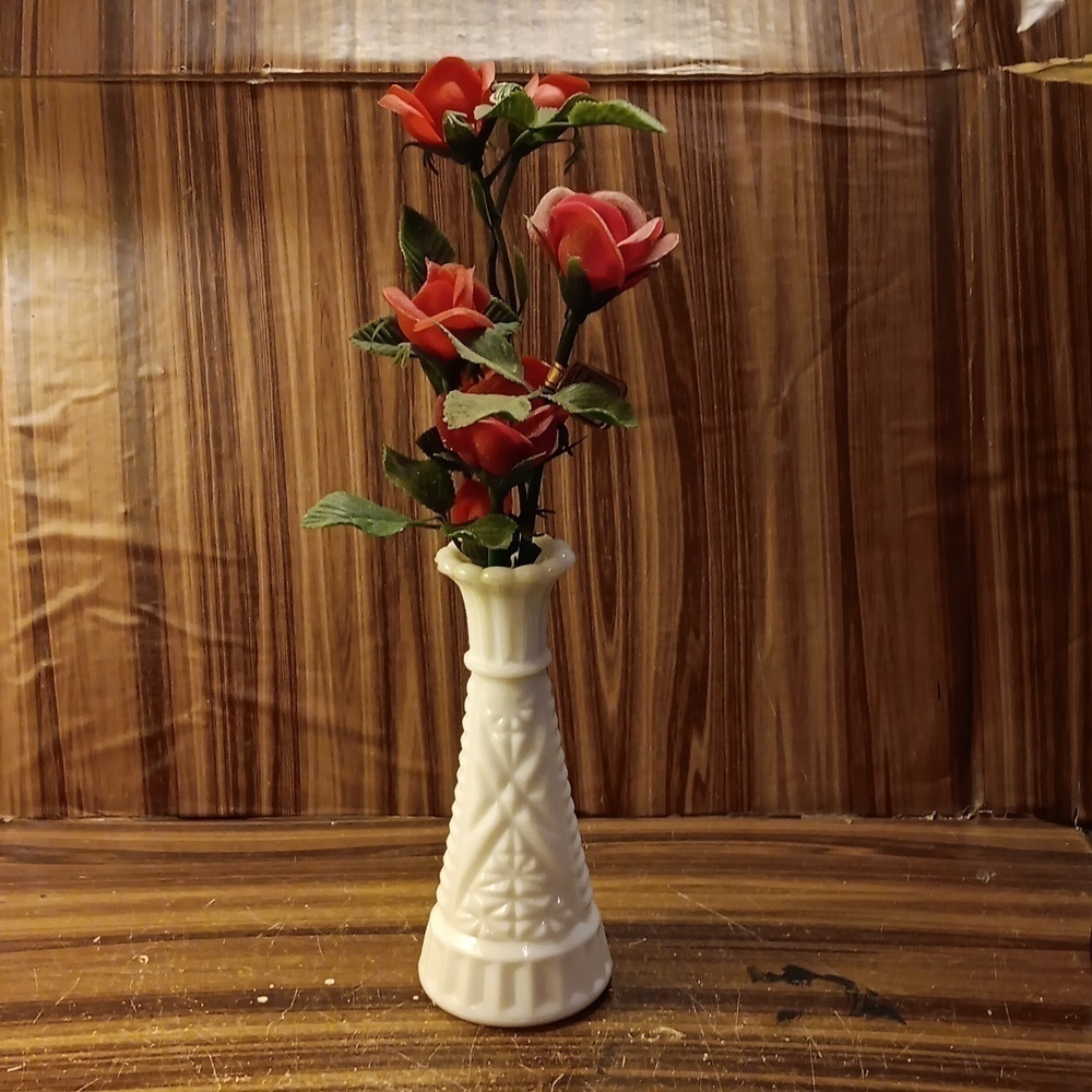 Vintage milk glass vase with Vintage flowers